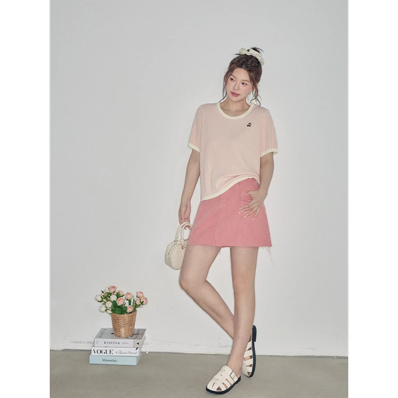 夏大大酸甜樱桃小调 趣味小刺绣大码微胖mm针织上衣D825Y08598