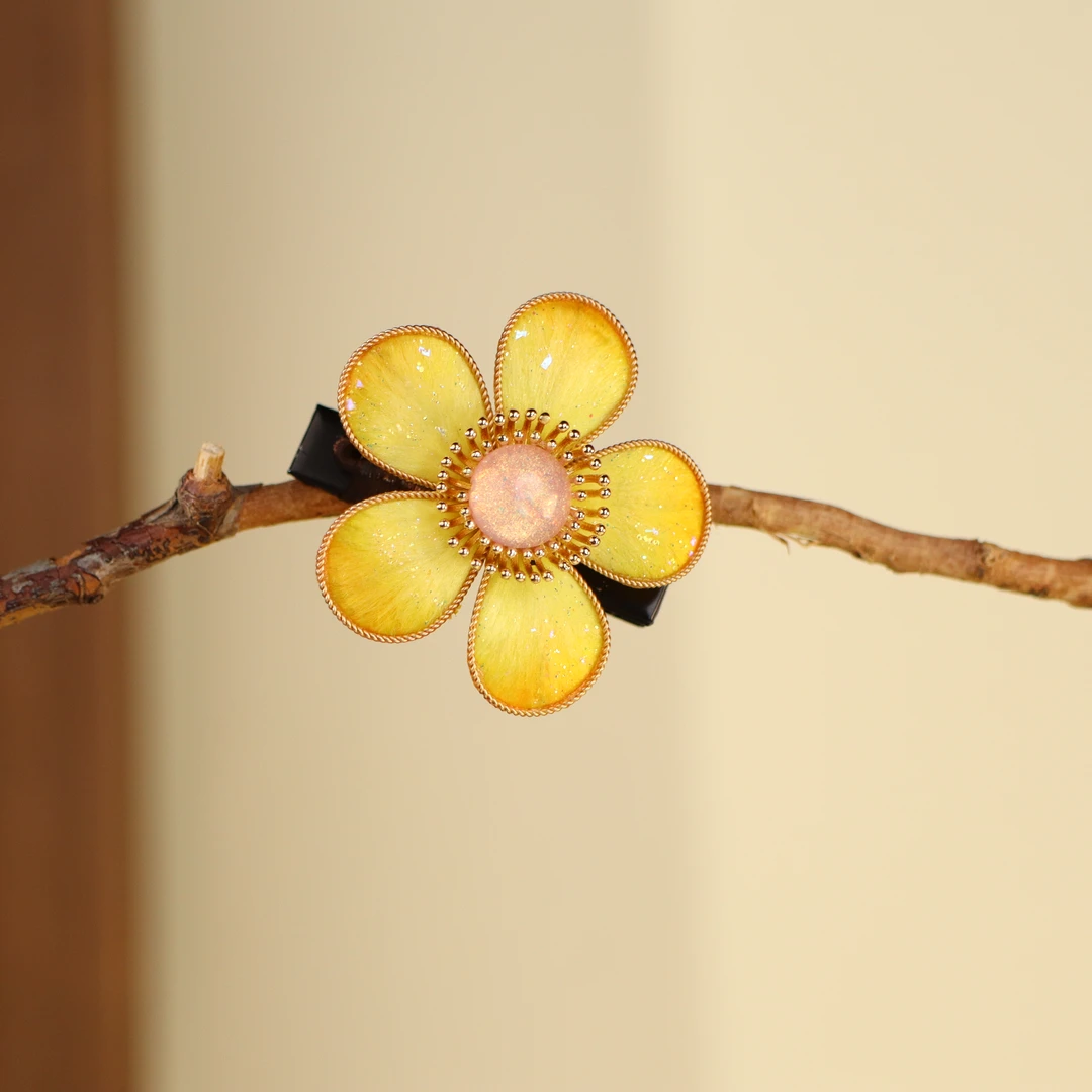 非遗绒花金色花小发夹-古风可爱日常百搭气质手工制作