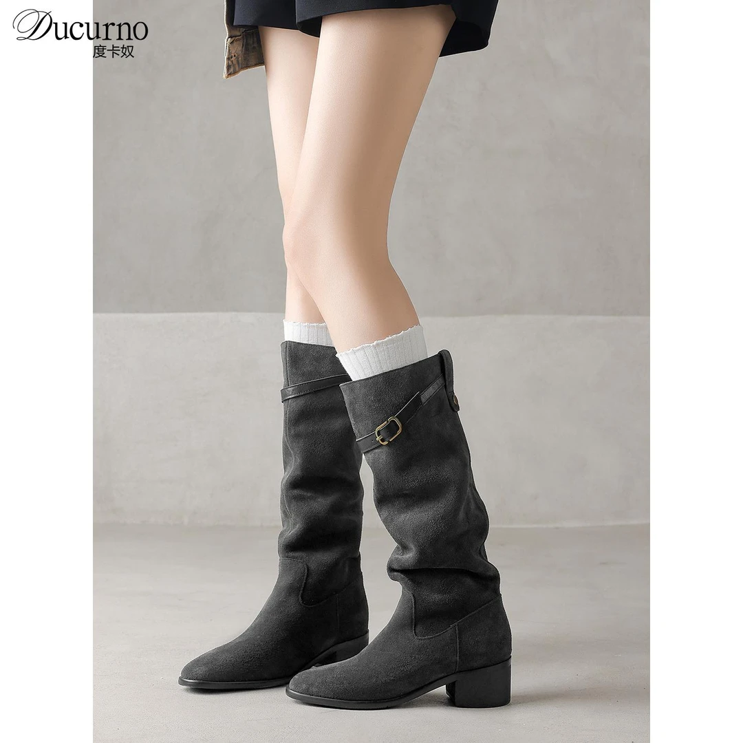 牛反绒！复古欧美风粗跟不过膝长靴女2026新款圆头网红高筒堆堆靴
