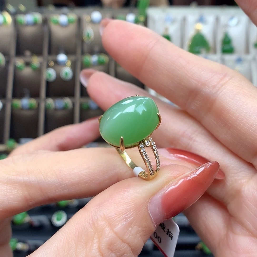 和田玉（碧玉）18K金镶嵌戒指1114