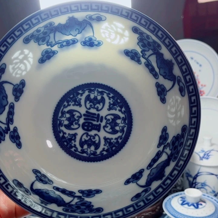青花玲珑7寸面碗五福满福