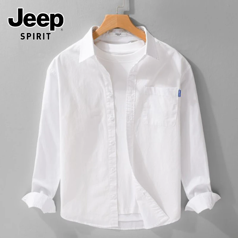 JEEPSPIRIT吉普新款纯棉长袖衬衫男士春秋季翻领文艺青年打底上衣