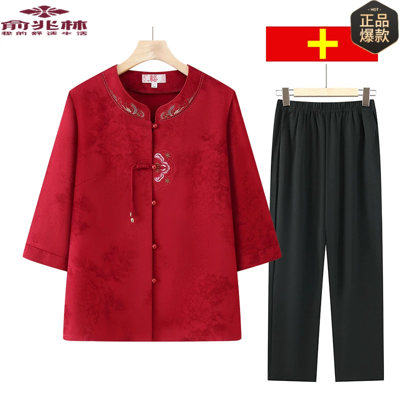 妈妈民族风宽松洋气老太太衣服奶奶夏季套装中老年人女装夏装衬衫