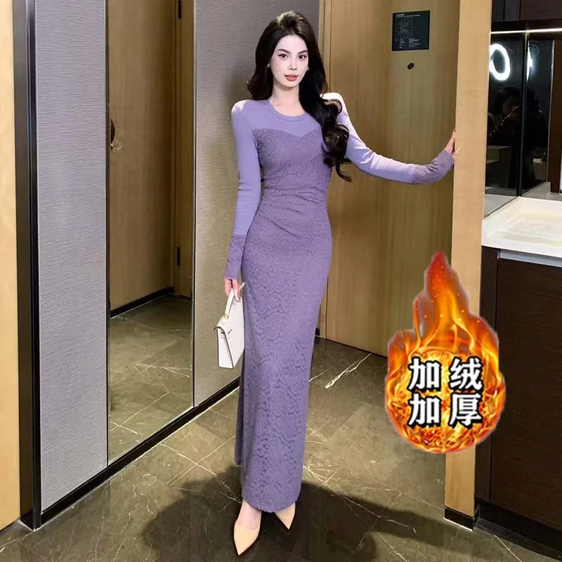 【加绒加厚】秋冬新款气质名媛千金感高级显瘦宴会连衣裙女DM0249