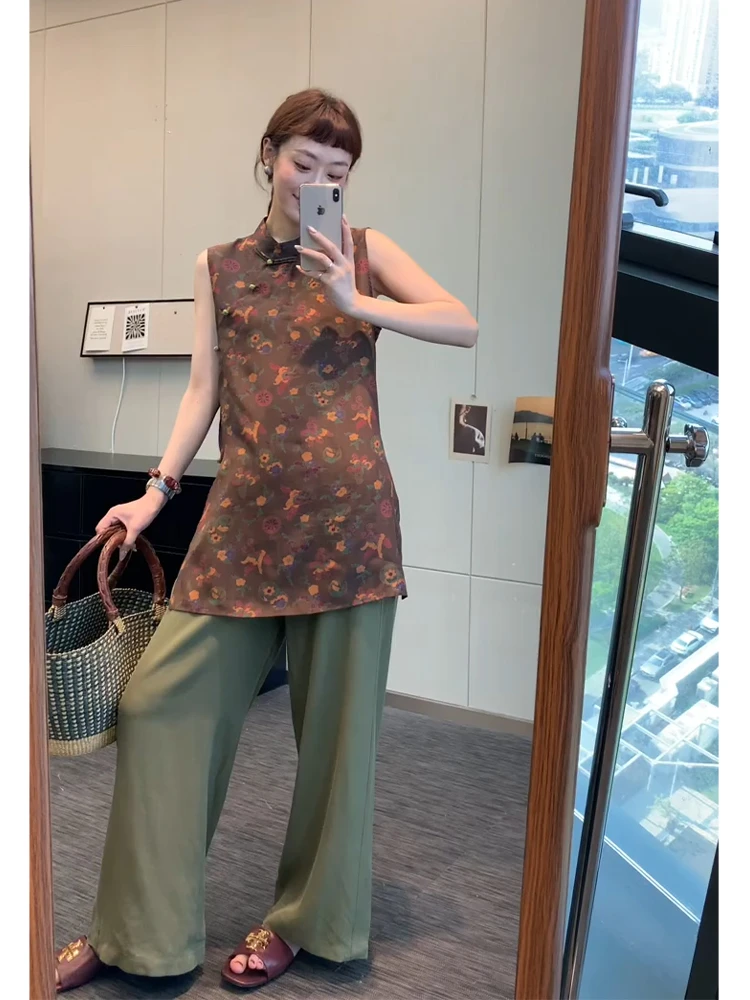 新中式立领盘扣背心马甲女中长款2025夏季新款高级感印花无袖上衣