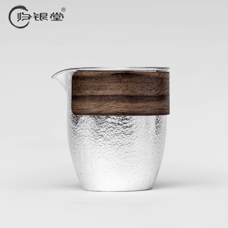 归银堂足银999公道杯分茶器大容量简约木条锤纹公道茶具杯礼盒装
