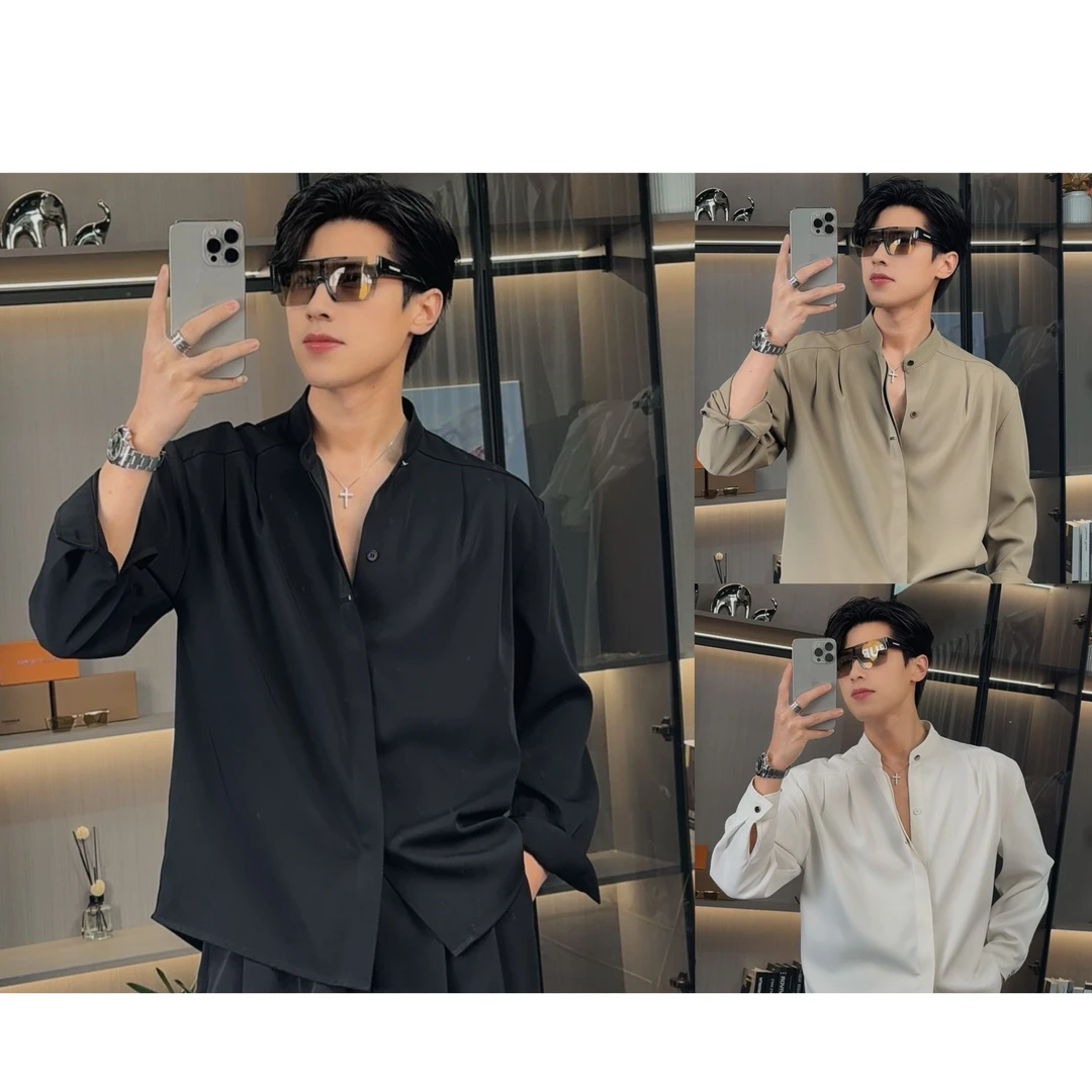 【百象服饰】春夏新款男士立领宽松纯色设计师立体裁剪百搭衬衣