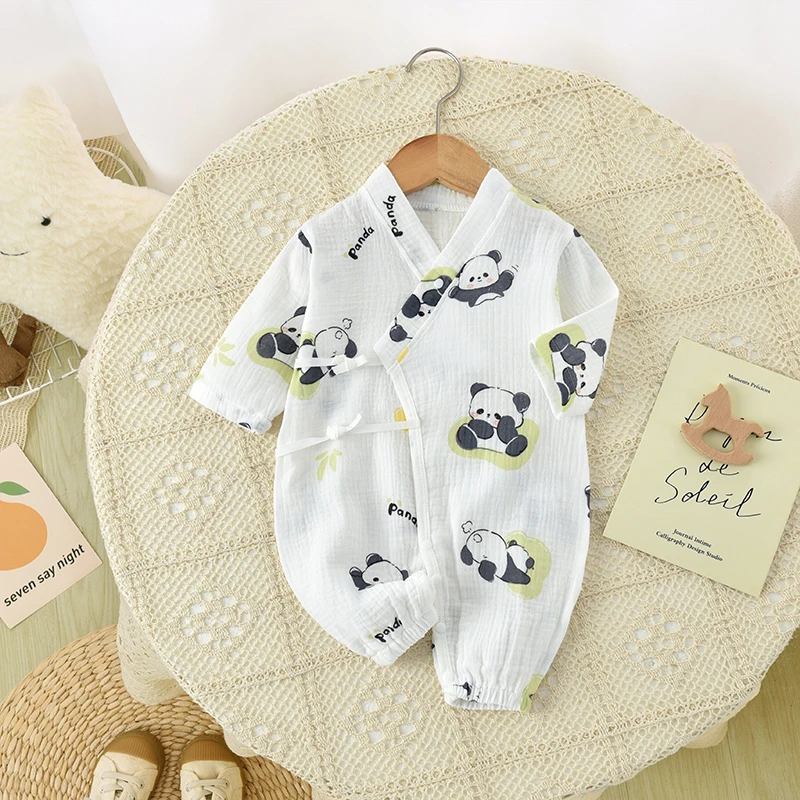 婴儿连体衣薄款长袖夏季外穿新生儿和尚服哈衣宝宝偏襟纱布空调服