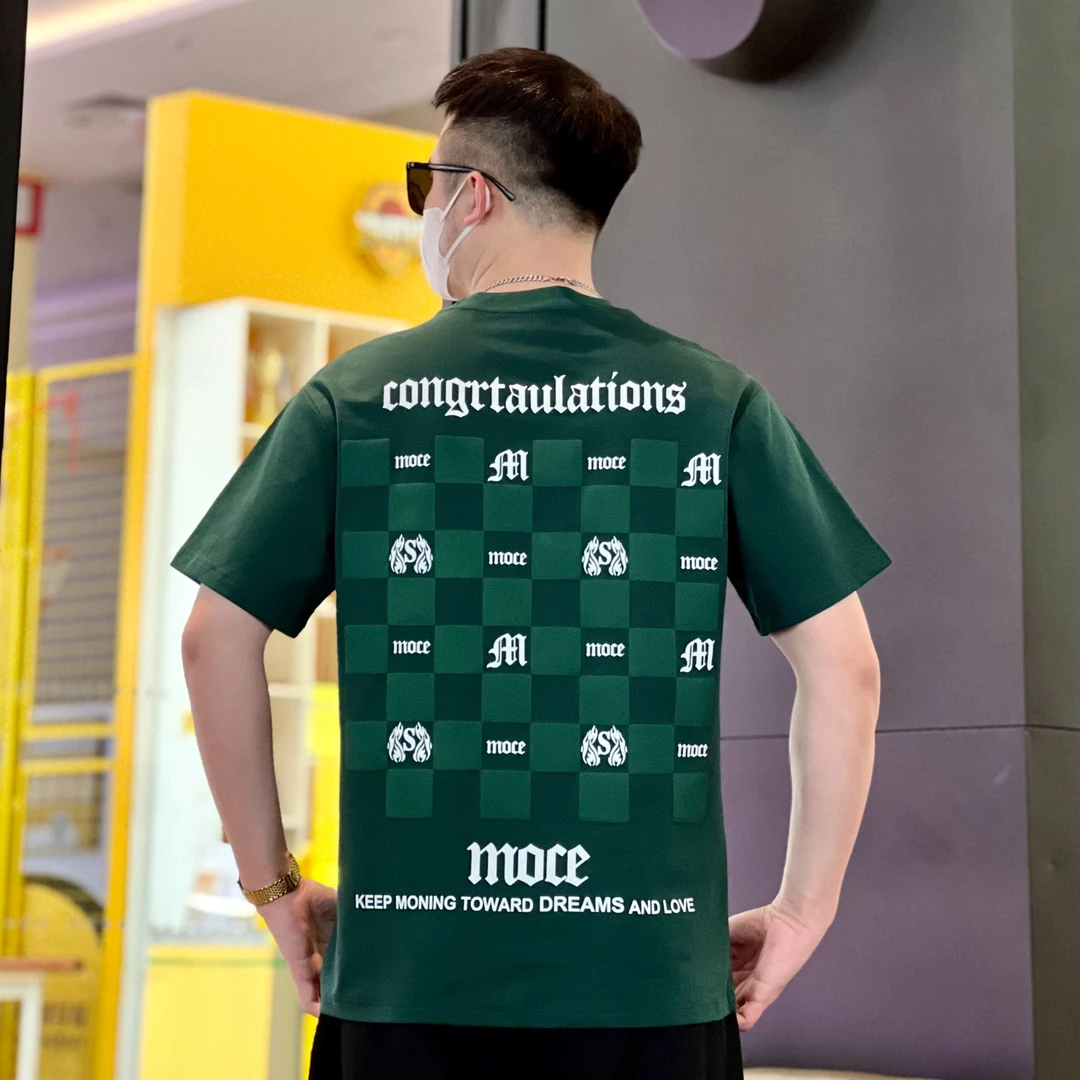 第二代棋盘格高档短袖恤男士夏季新款潮流潮男百搭显瘦半袖圆领印