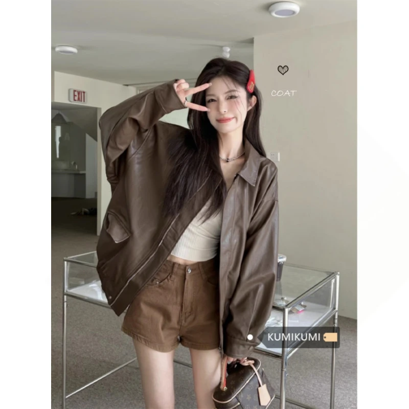 复古美式咖色皮衣夹克外套女秋季黑色甜酷风机车PU皮宽松长袖上衣