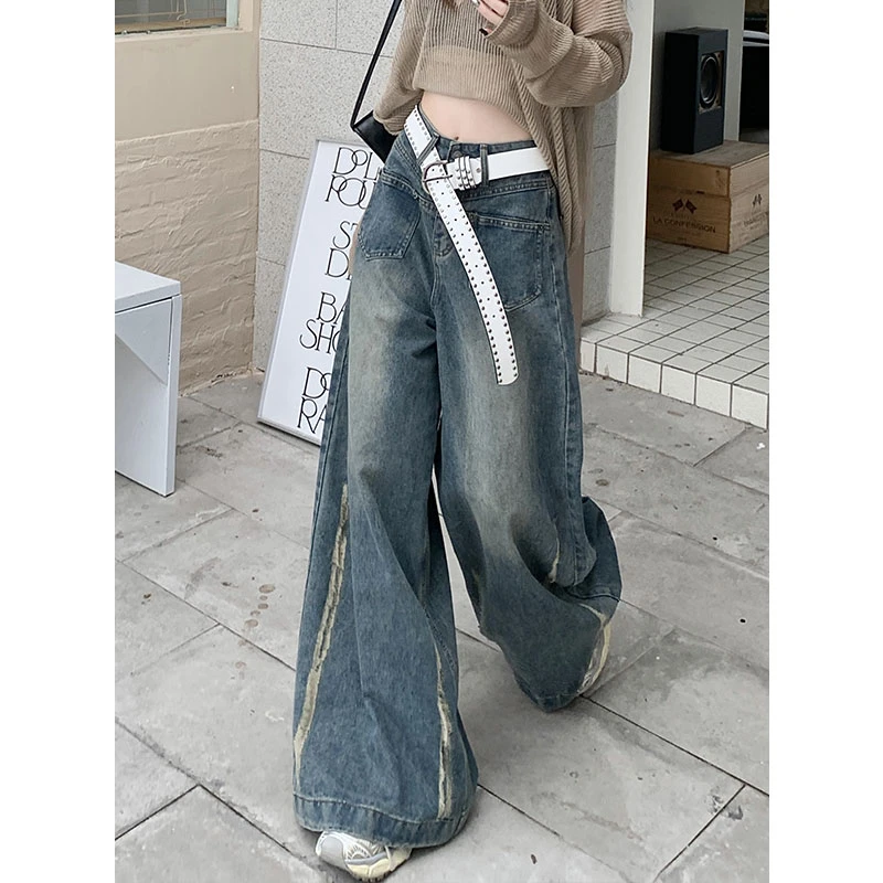 300斤特大码女装复古做旧牛仔裤女2025新款高个子高腰显瘦阔腿裤