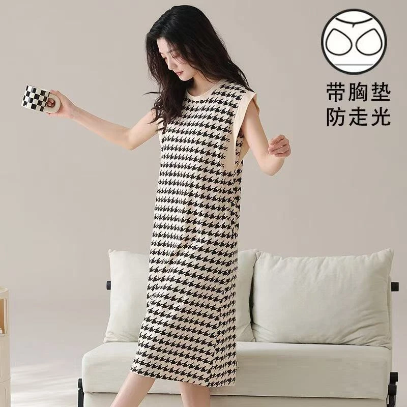 100%纯棉胸垫睡裙夏季无袖背心条纹睡衣可外长款连衣裙爆款家居服
