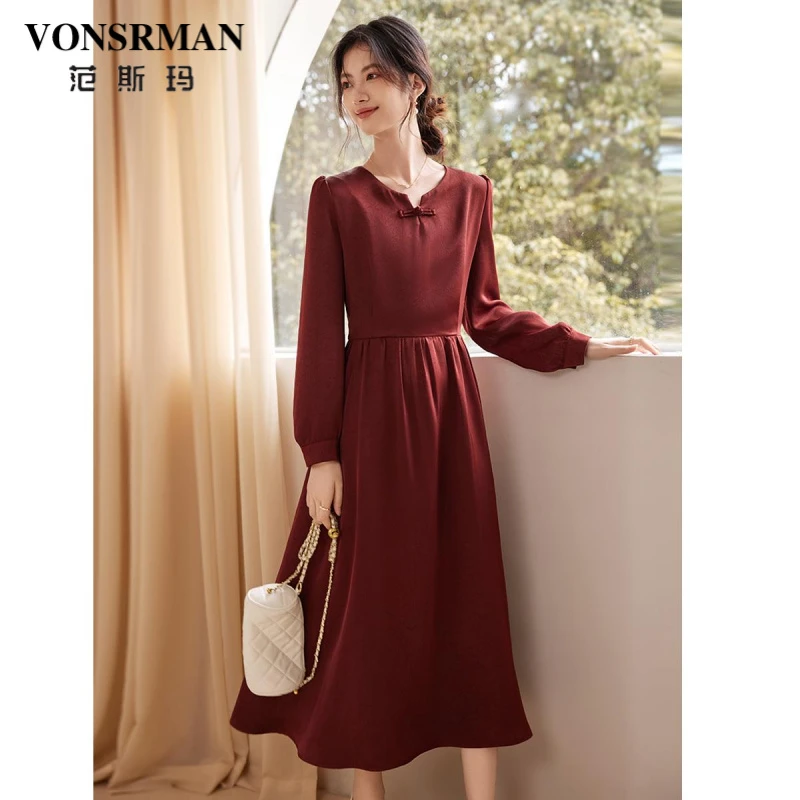 新中式气质优雅长袖连衣裙2025春秋新款洋装国风盘扣显瘦减龄裙子