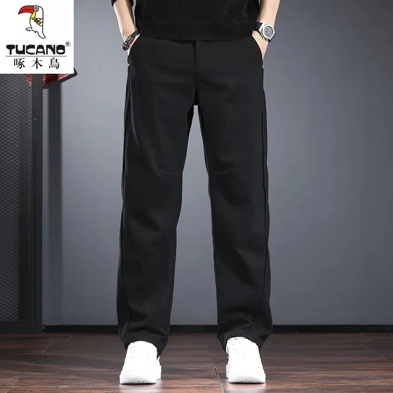 黑色休闲牛仔裤男2025新款秋冬季宽松直筒裤纯棉加绒加厚工装长裤