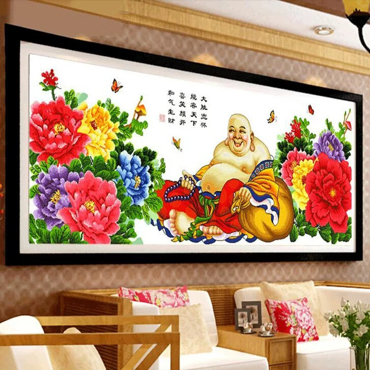 2.1米大格红裤子弥勒佛 纯手工绣好的十字绣成品