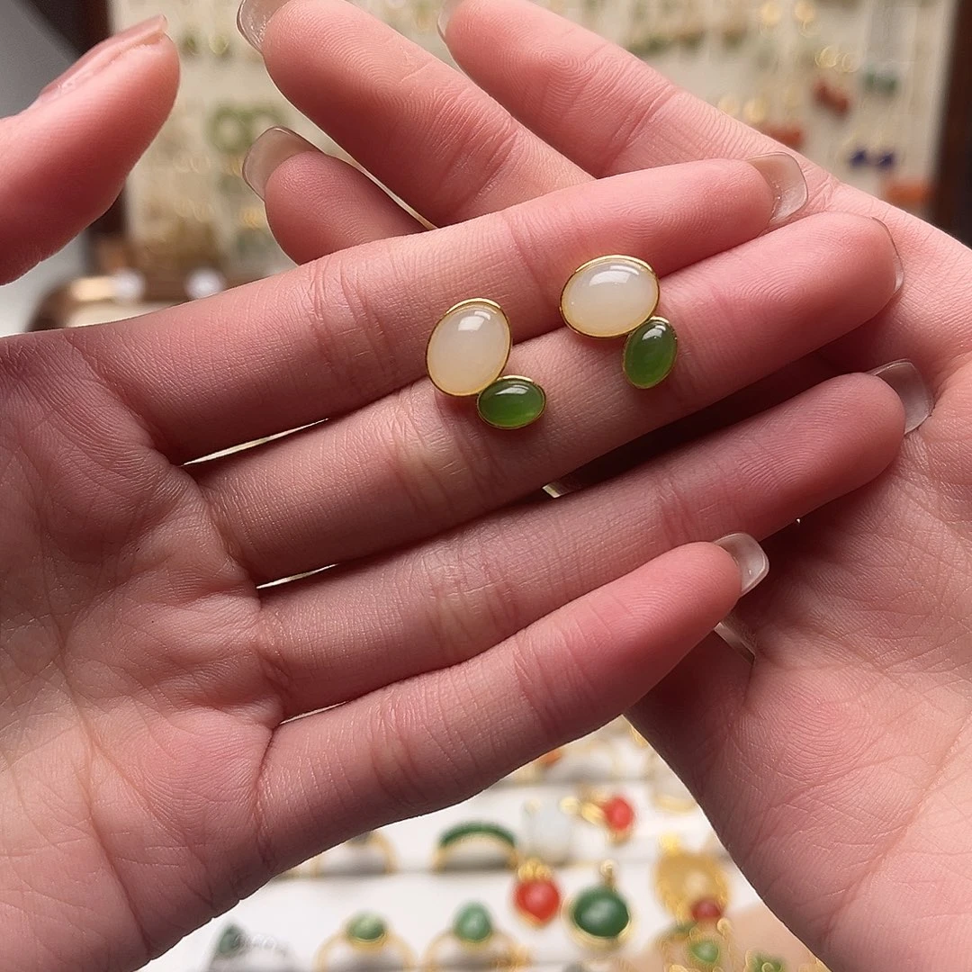 和田玉银S925镀金镶嵌耳饰