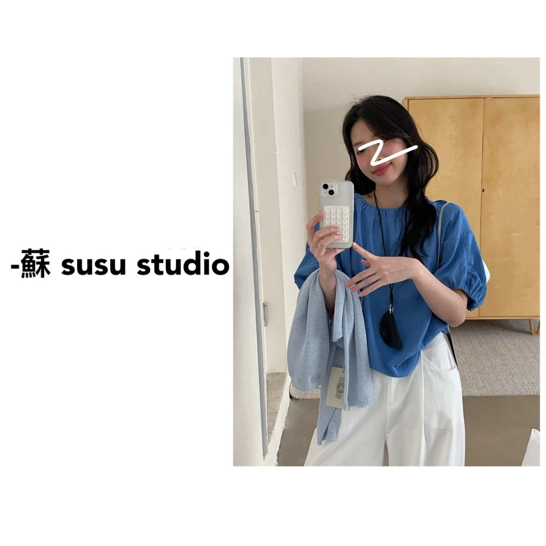 SU 衬衫短袖法式休闲套头百搭上衣褶皱夏季衬衣泡泡袖时尚 H0142