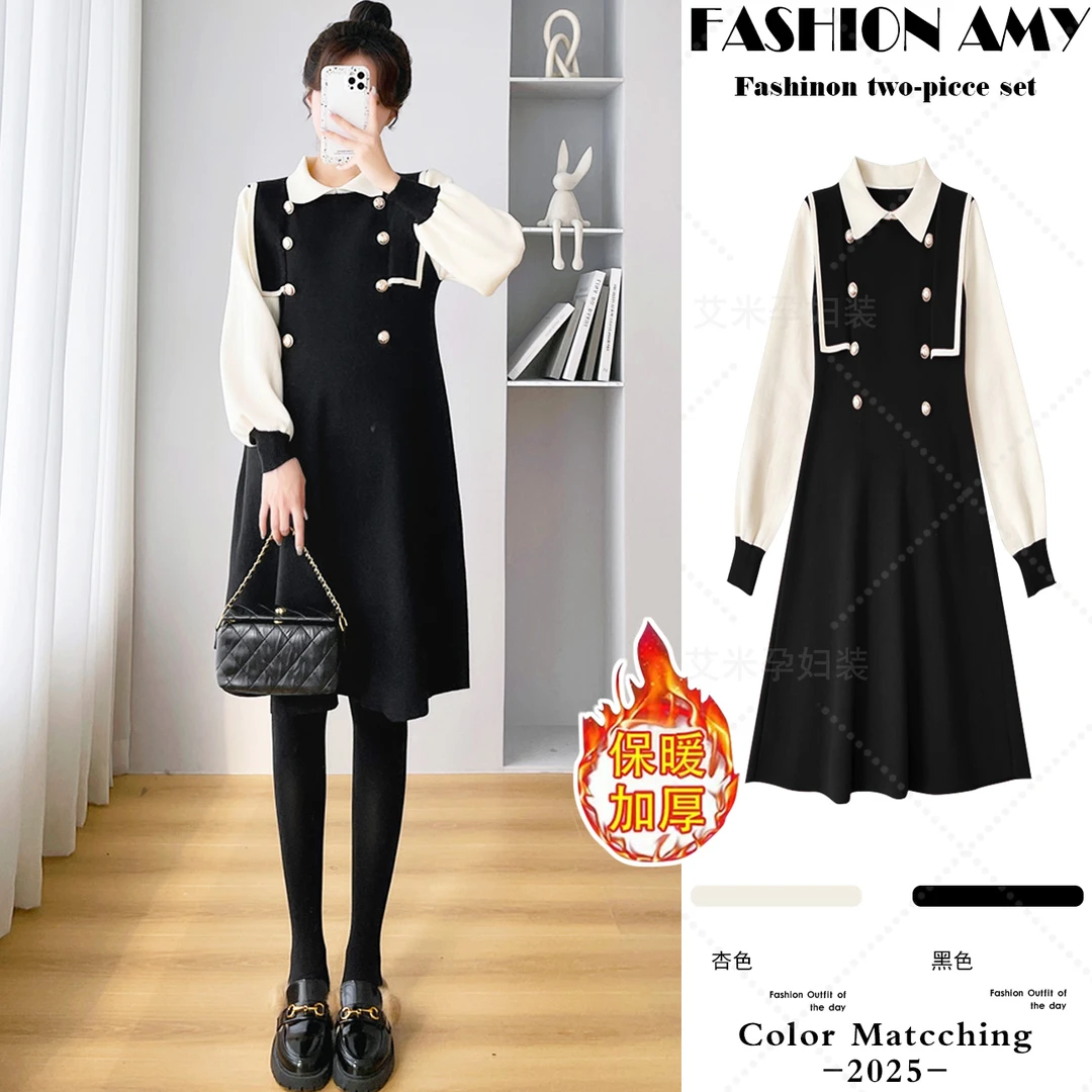 孕妇连衣裙秋冬新款时尚韩版气质小个子中长款翻领显瘦针织连衣裙