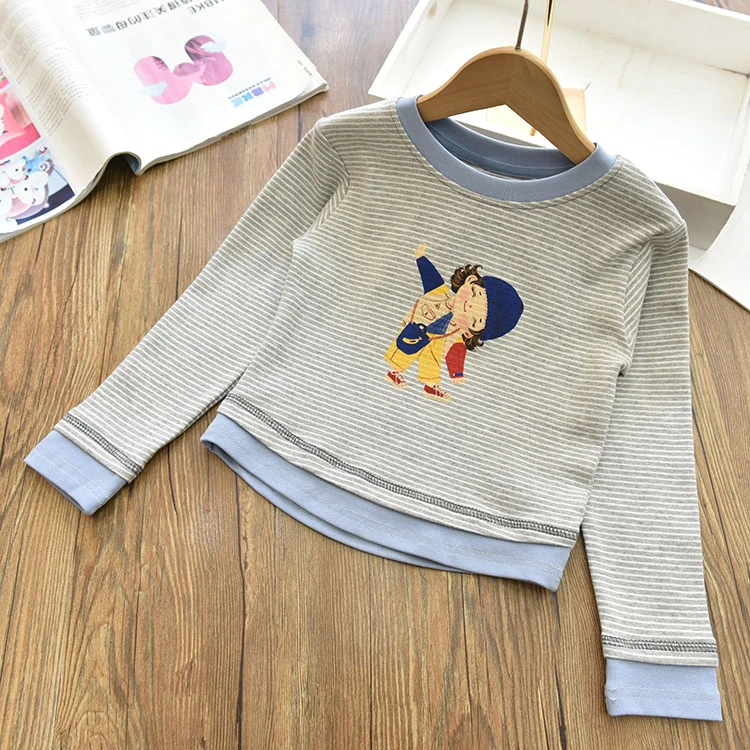 女童洋气撞色拼条纹卡通圆领套头打底衫 中大儿童百搭上衣T恤春