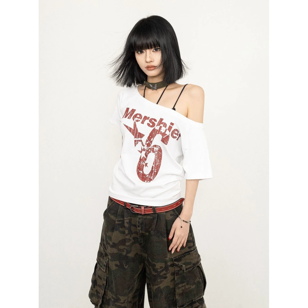 一字肩设计短袖t恤女2025年夏季修身显瘦甜辣妹短款别致露肩上衣