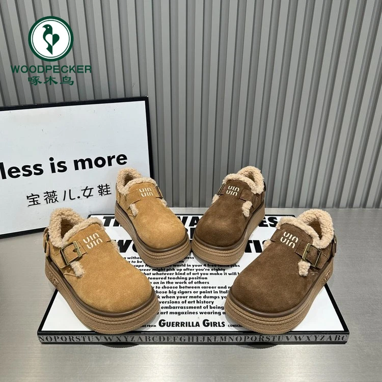 啄木鸟厚底一脚蹬毛毛勃肯鞋女冬季加绒2025新款爆款棉鞋外穿保暖