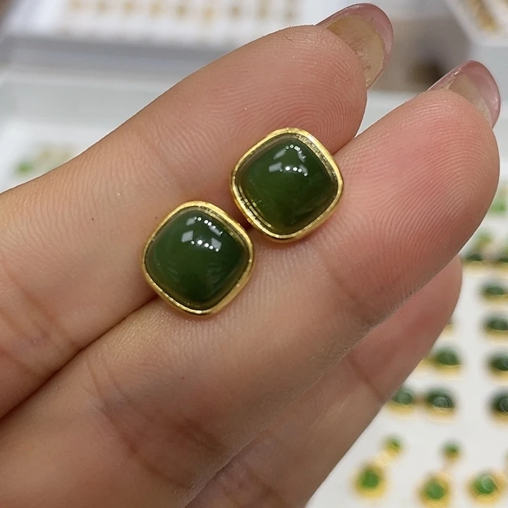 和田玉（碧玉）银S925镶嵌耳饰颜色多样性发货，一发一