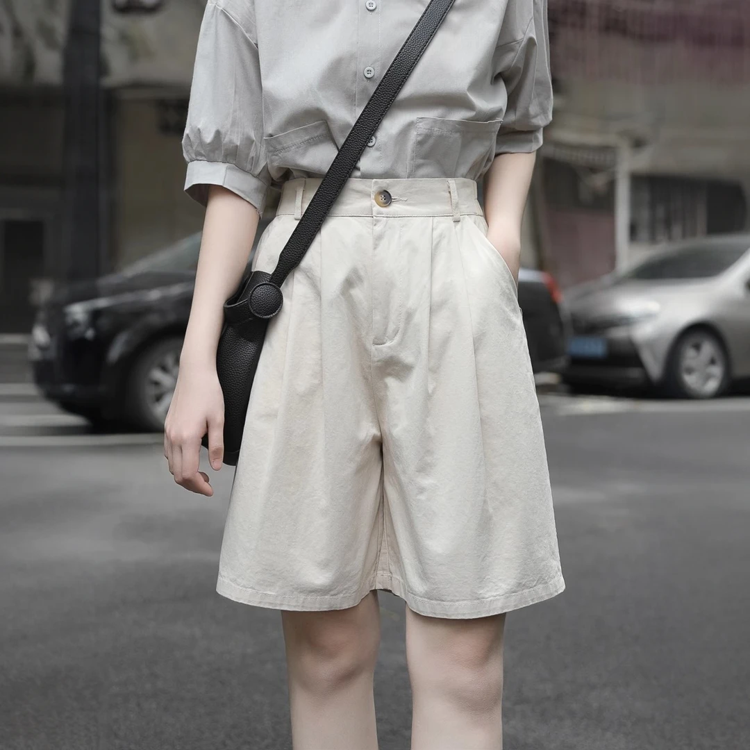 纯棉酵洗加柔简约休闲短裤子女五分日系宽松阔腿百搭小个子夏季