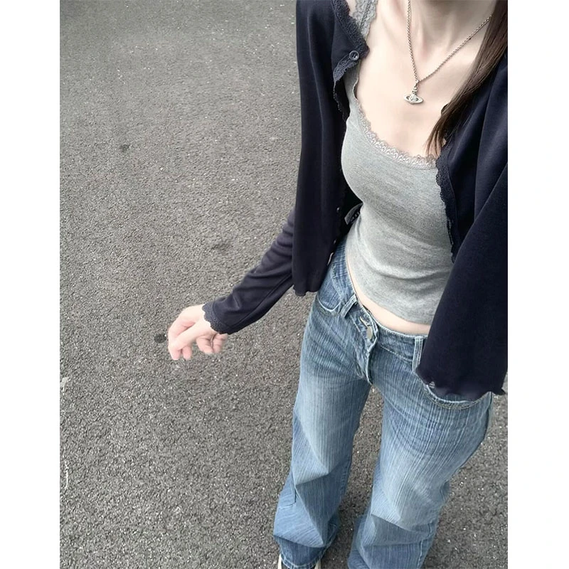 辣妹吊带背心木耳边内搭上衣针织防晒开衫罩衫上衣牛仔裤拖地裤女