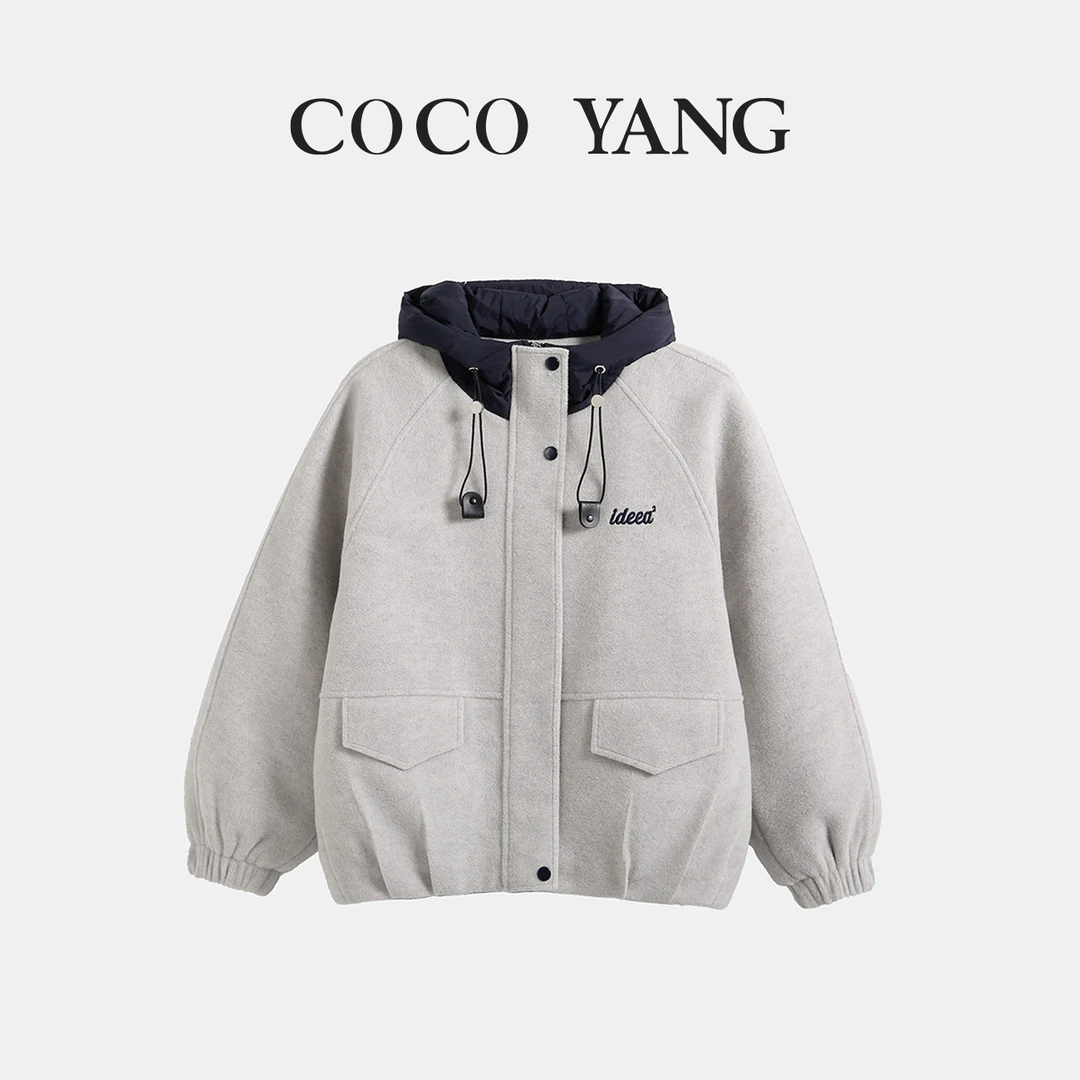 秋冬新款女大童加厚连帽呢子外套时尚休闲韩版保暖青少年装-SW171