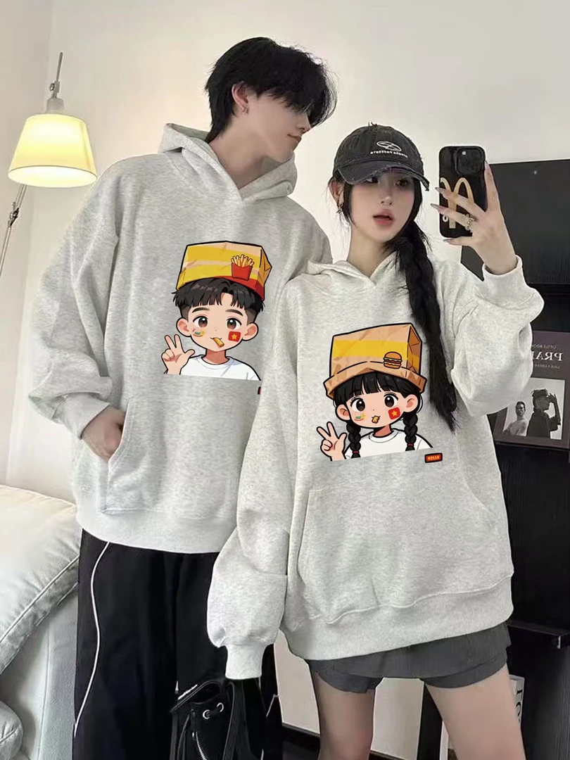 白灰色不一样的情侣装卫衣秋冬新款卡通女孩和男孩超好看连帽上衣