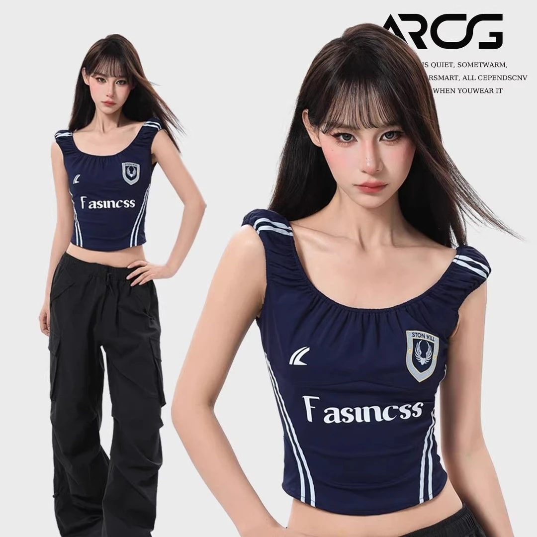 藏青色u领吊带背心女夏夏季设计感运动修身显瘦短款辣妹无袖上衣