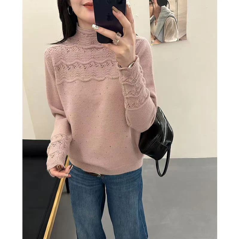半高领毛衣女洋气秋冬新款爆款烫钻设计感长袖宽松时尚针织打底衫