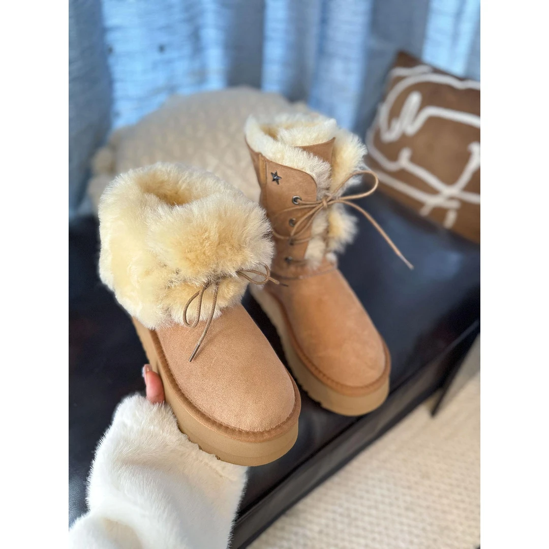 雪地靴女2025年新款皮毛一体新款两穿系带蝴蝶结东北棉鞋中筒女神