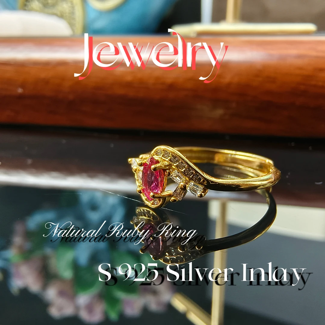 天然马眼形状红宝石戒指S925银镶嵌镀18k黄色戒托荧光感十足