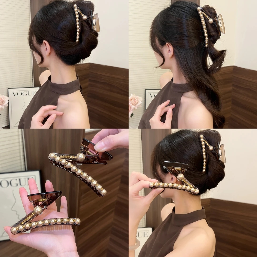 高级感珠珠Z字抓夹时尚百搭轻奢设计感发卡后脑勺马尾夹发饰女