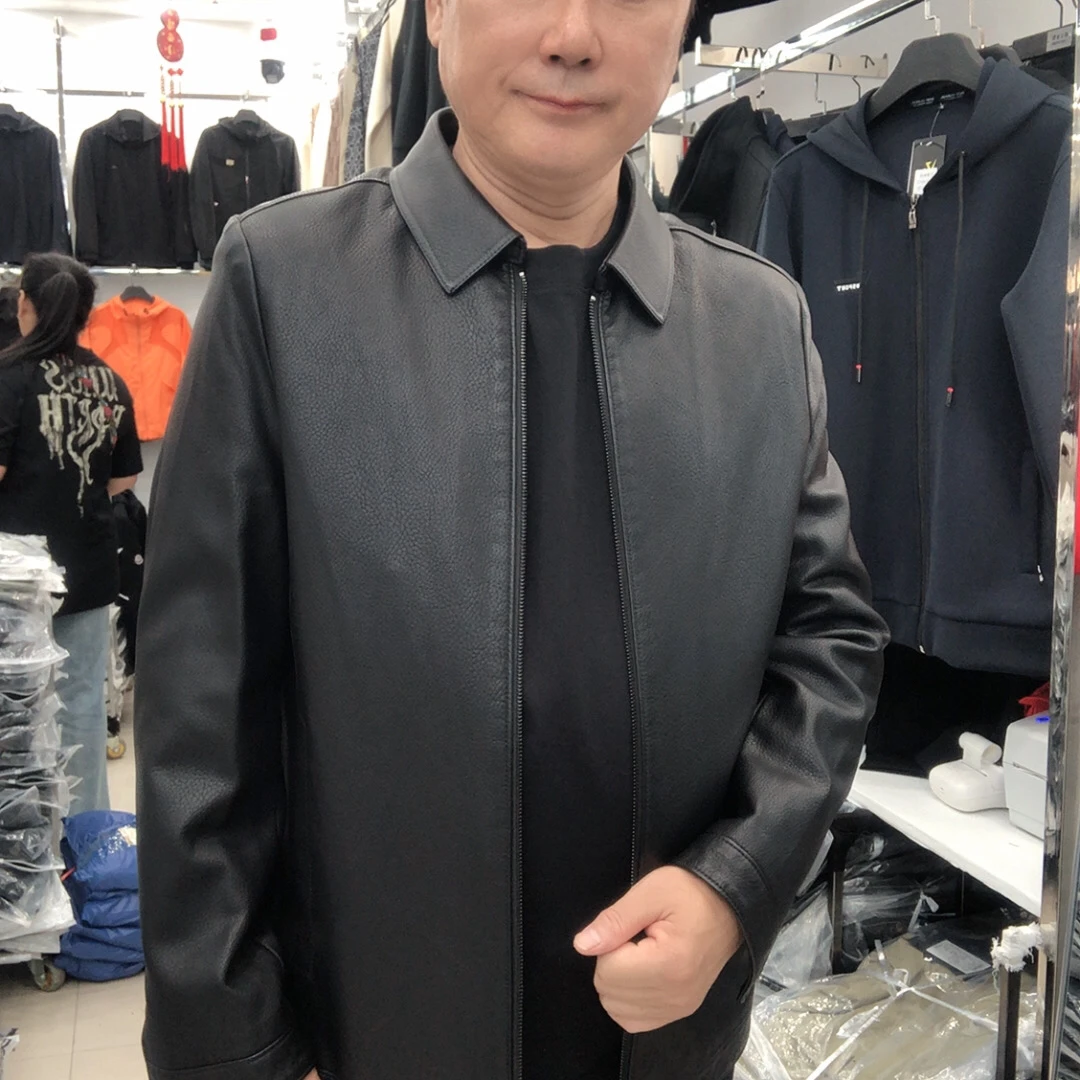 秋冬短款常规款纯色男翻领皮衣中年爸爸商务休闲