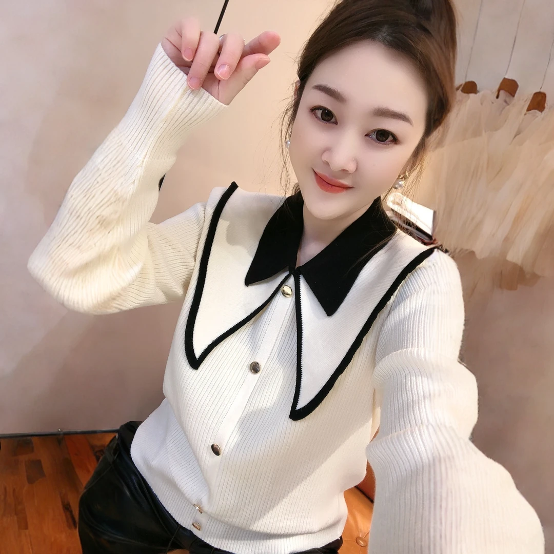 设计感娃娃领打底衫女秋冬气质内搭毛衣小香风撞色减龄百搭针织衫