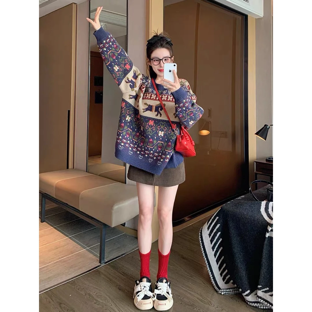 提花费尔岛提花毛衣女秋冬2025新款加厚套头复古针织衫半身裙套装