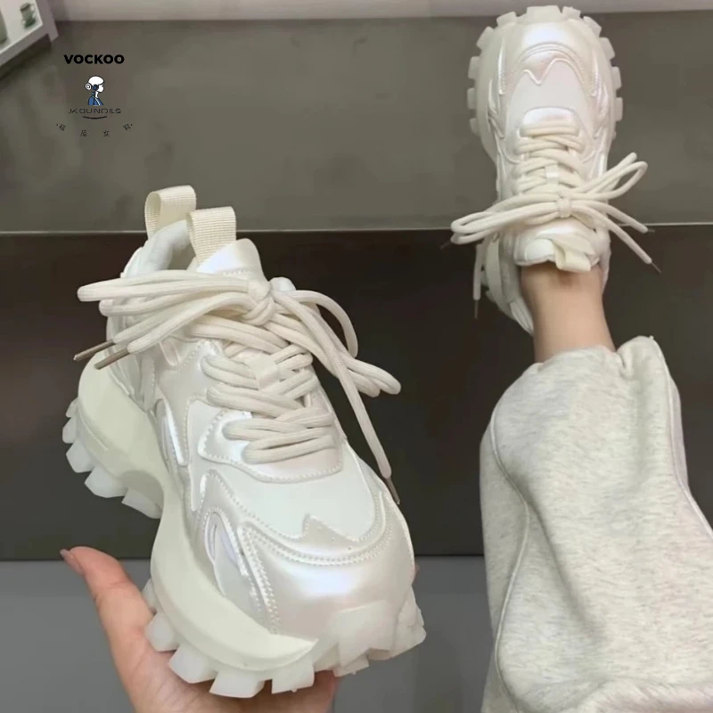 欧洲站时尚珠光系带厚底松糕老爹鞋女显瘦小蛮腰运动鞋小白鞋女鞋