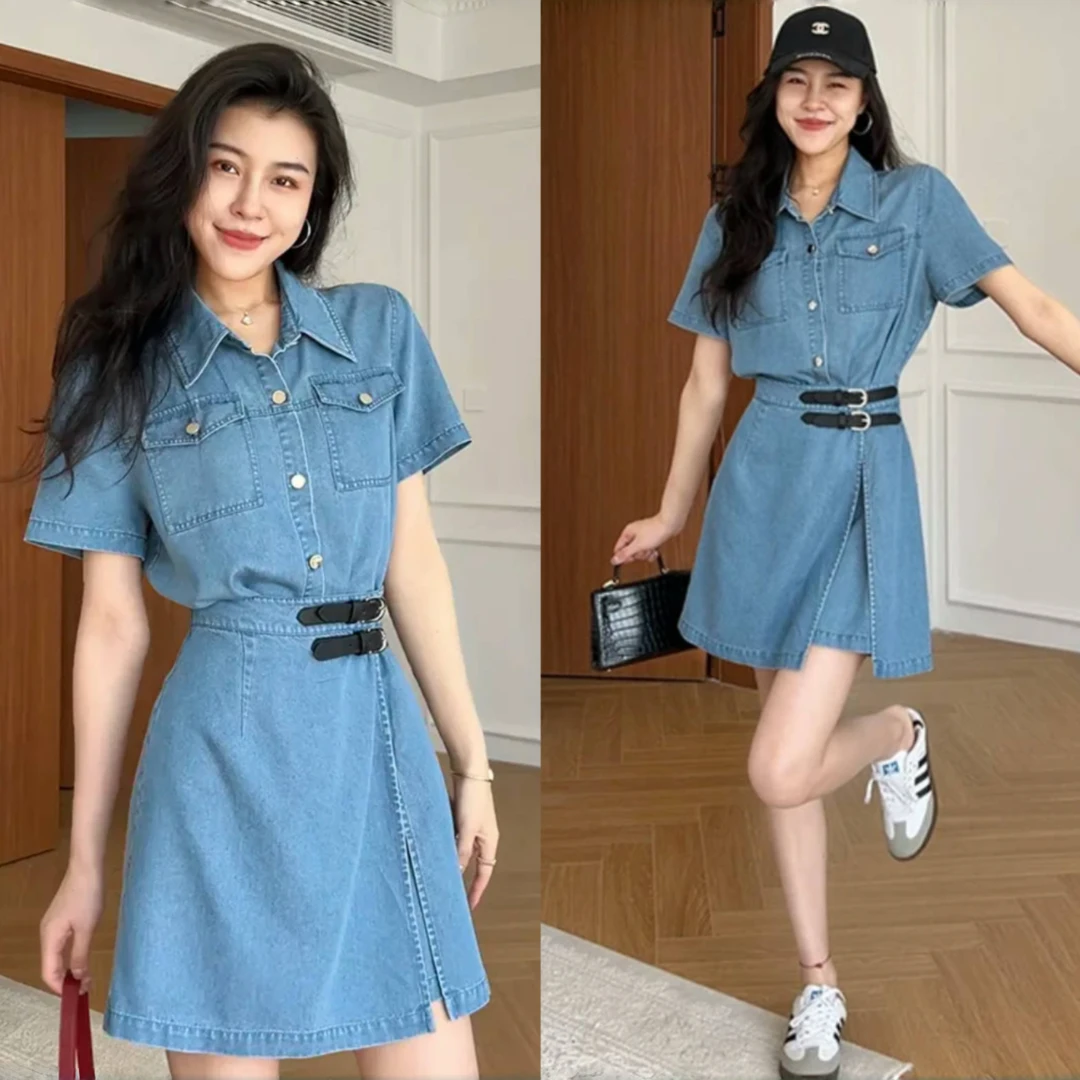 港风复古Polo领假两件牛仔连衣裙女夏一片式收腰显瘦气质a字短裙