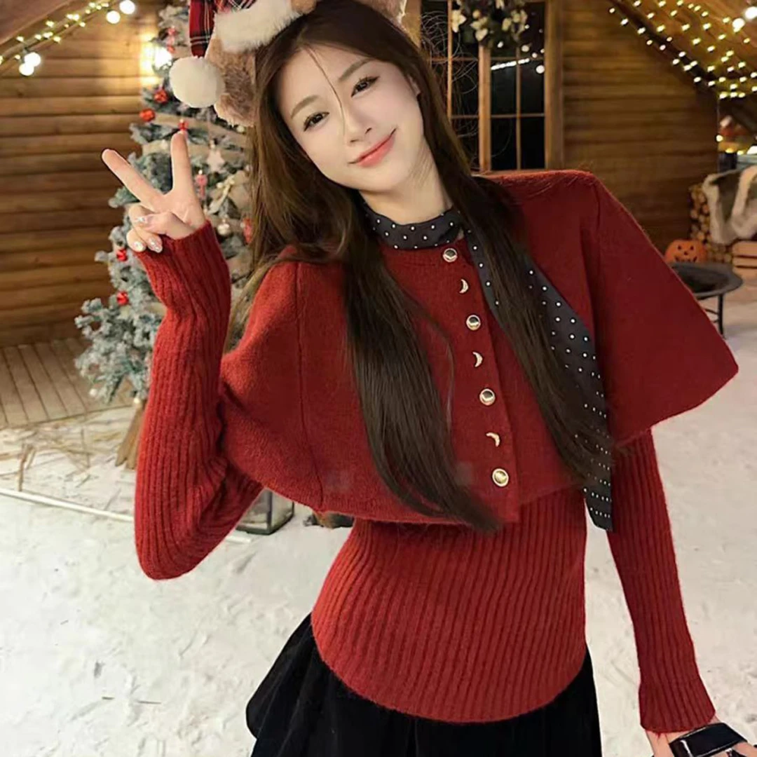 法式小香风波点飘带斗篷披肩上衣针织衫女秋冬新款气质两件套毛衣