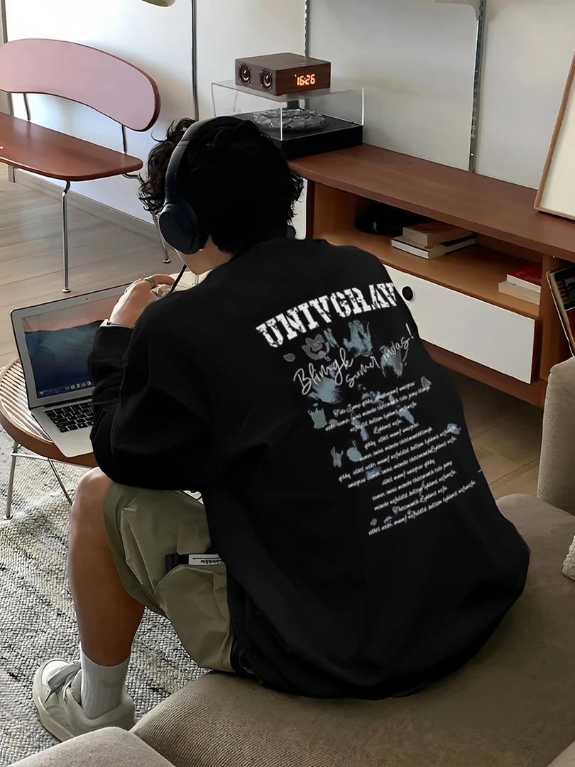 【重磅纯棉】美式长袖T恤设计感秋季男装潮流宽松复古百搭圆领打底T