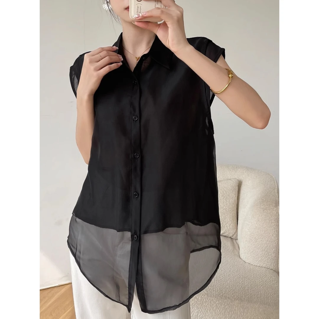 黑色假两件无袖衬衫女夏季2025年新款POLO领网纱拼接小衫上衣外穿