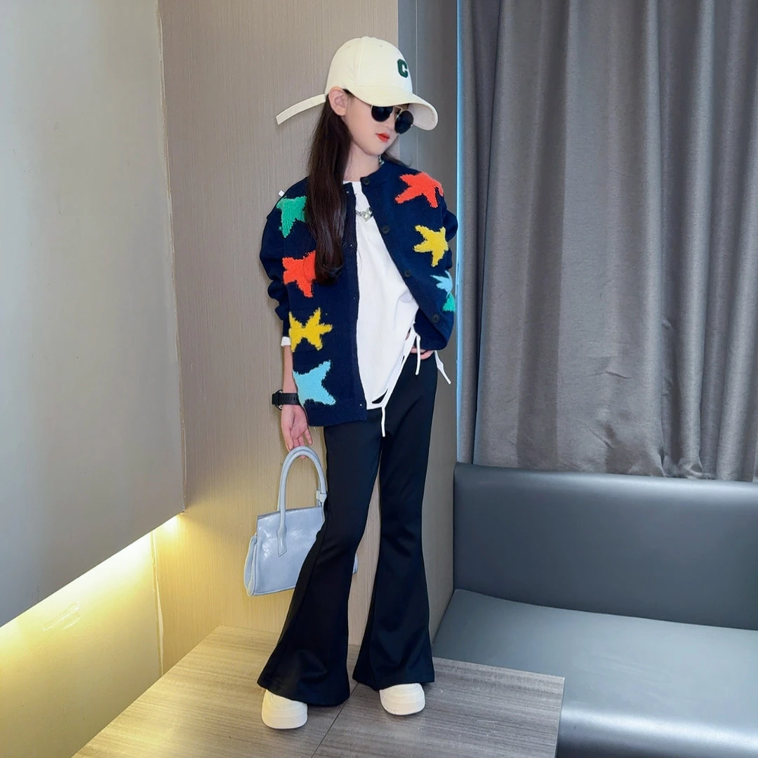 女童毛衣开衫2025年新款春秋装大儿童洋气韩版女孩针织上衣喇叭裤