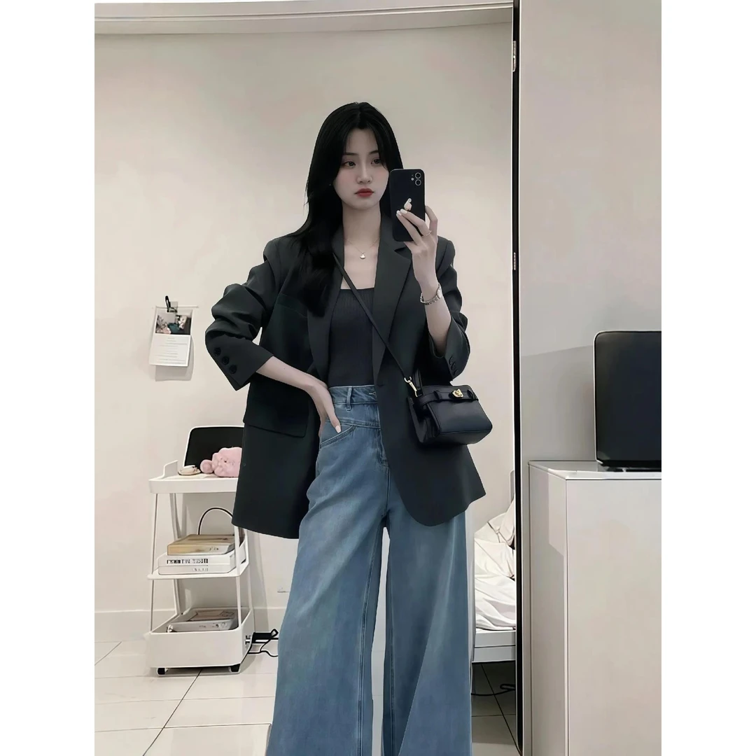 巨好看的早穿搭一整套女大码胖MM高级感西装外套牛仔裤子两件套装