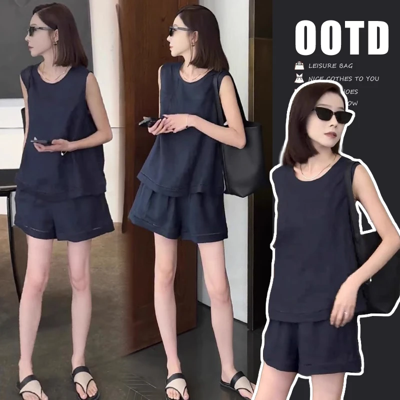 孕妇装高级感套装女夏季2025新款后背系扣无袖上衣镂空亚麻短裤