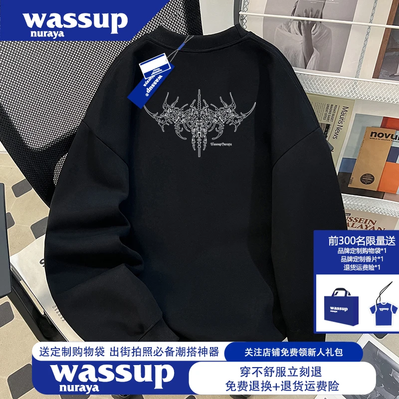 WASSUP NURAYA秋冬500g重磅美式宽松圆领卫衣男加绒加厚百搭上衣