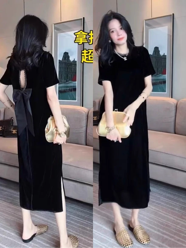 欧货高端丝绒连衣裙女2025夏新时尚薄款垂感高级轻奢美背连衣裙