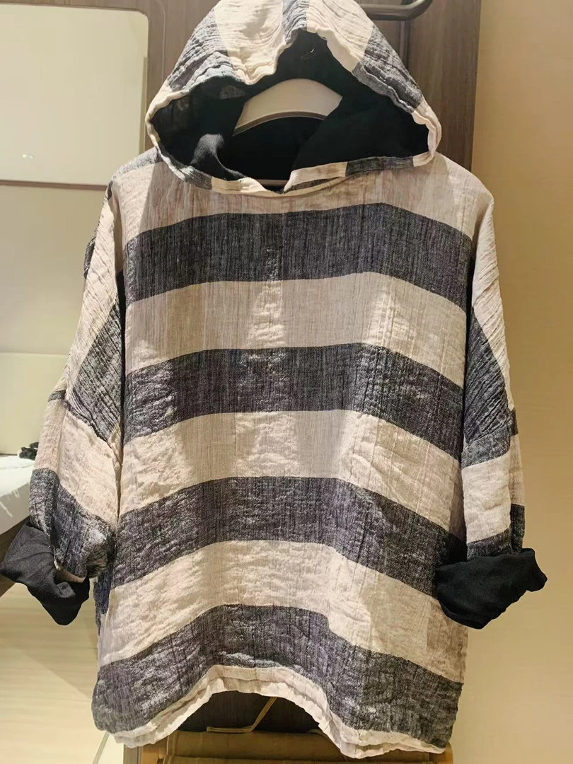 艾沸儿女装推荐 双层亚麻百搭横条帽衫