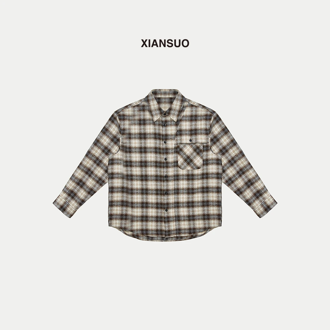 XIANSUO/缐鎖早秋复古格子长袖衬衫男翻领高级感轻奢百搭外套